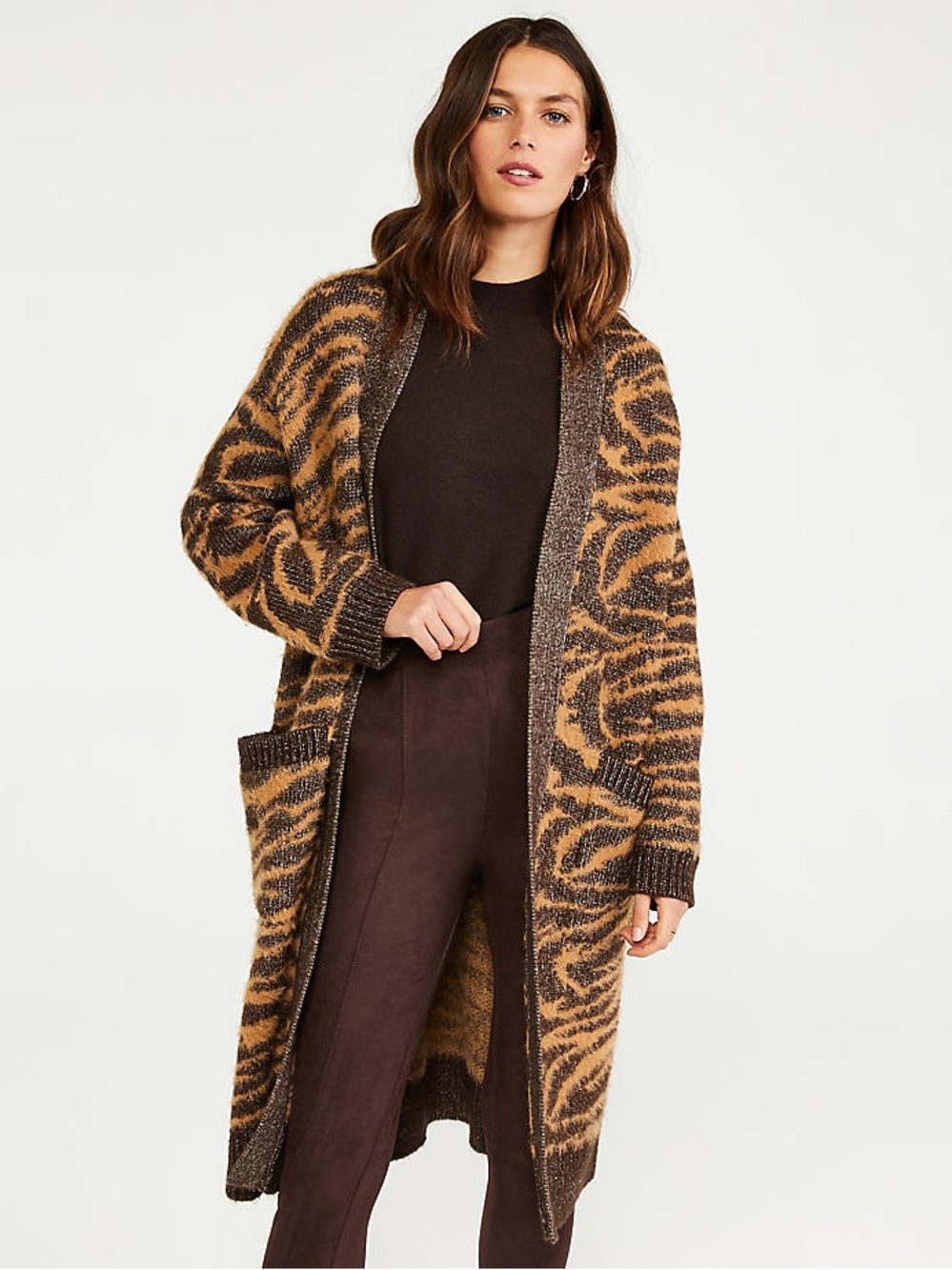 ANN TAYLOR L XL Tiger Jacquard Open Cardigan Oversized Chunky Cozy Cardi Sweater